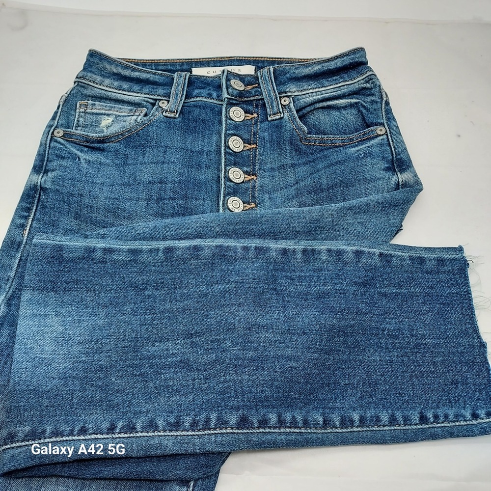 Eunina Ally Ultra High Rise Straight Crop Jeans Distressed Button Fly Size 0
